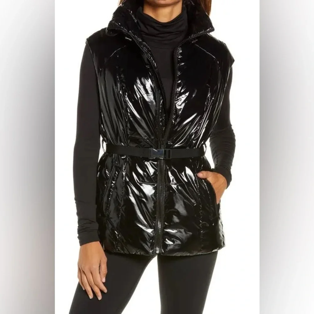 ALO Yoga Shiny Black Quilted Belted Puffer Vest